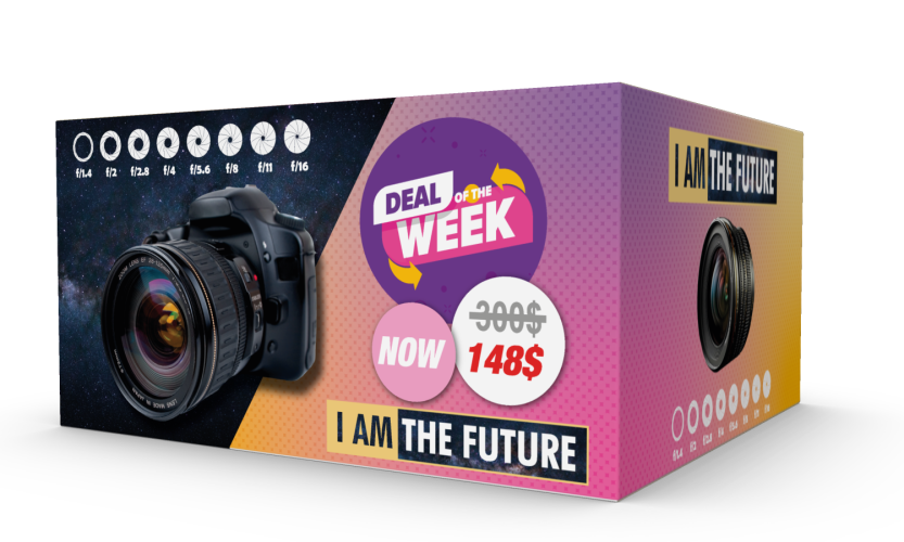 Box featuring a deal on a camera.
