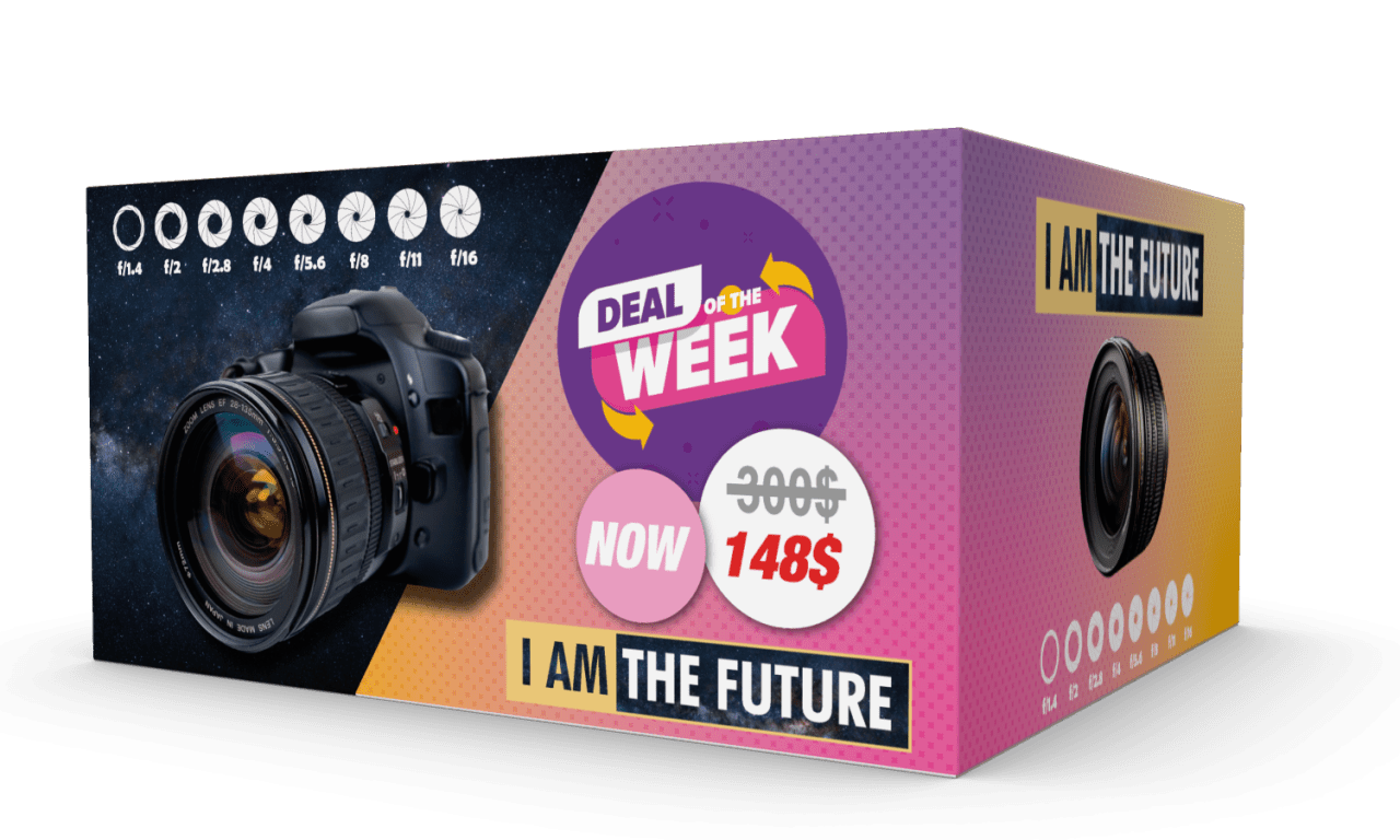 Box featuring a deal on a camera.