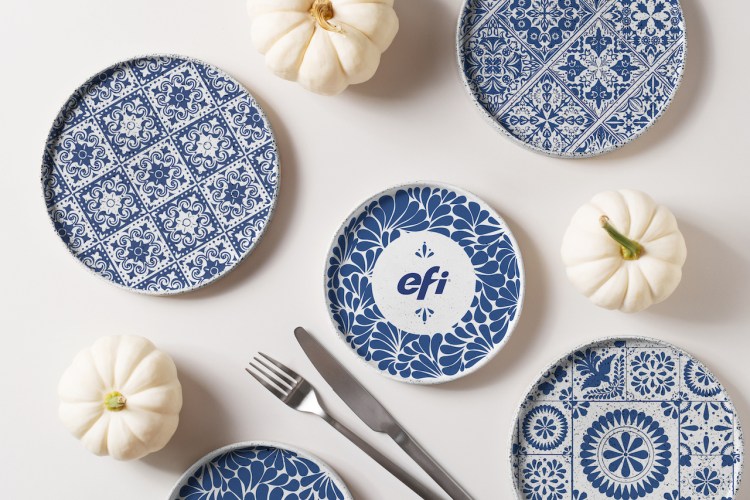 Cermaic plates with blue patterns on a table.