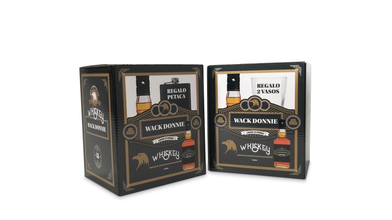 Two boxes picturing full color graphics of two different varieties of whiskey.