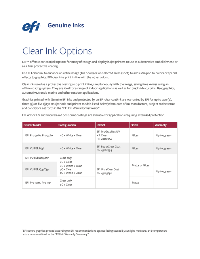 Resource: EFI Clear Ink Matrix Datasheet