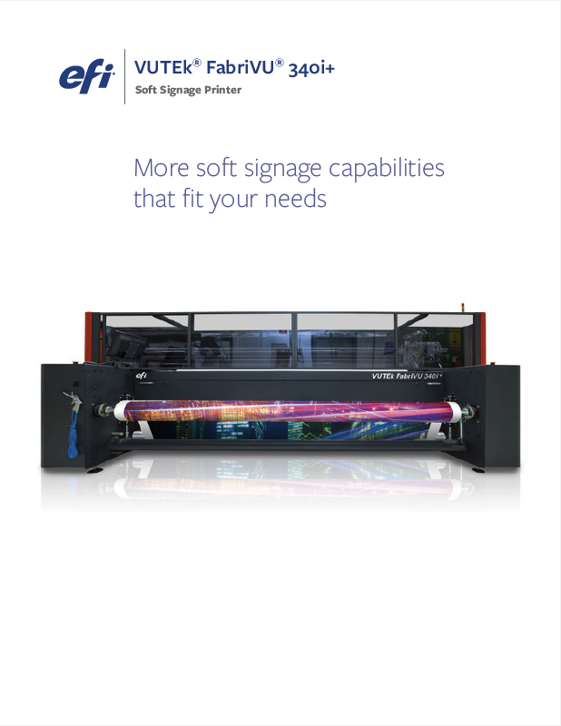 EFI VUTEk FabriVU 340i+ dye-sublimation printer with in-line fixation brochure cover.