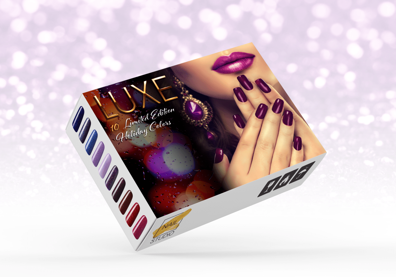 Box featuring LUXE limited edition holiday colors nail polishes.