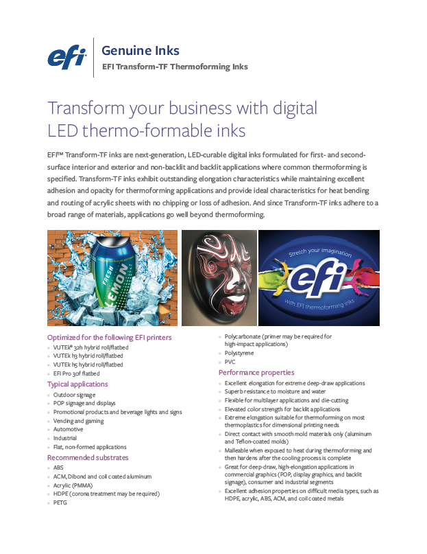 EFI Transform-TF Thermoforming Inks Datasheet supporting visual