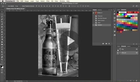Beer bottle and glass image in black and white showcasing how to create white ink image using EFI printers