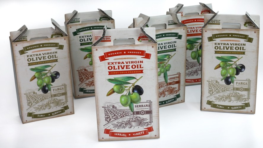 Different versions of olive oil corrugated cardboard packaging.