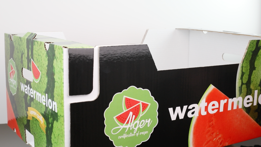 Colorful, glossy graphics on corrugated cardboard produce box for watermelons. 