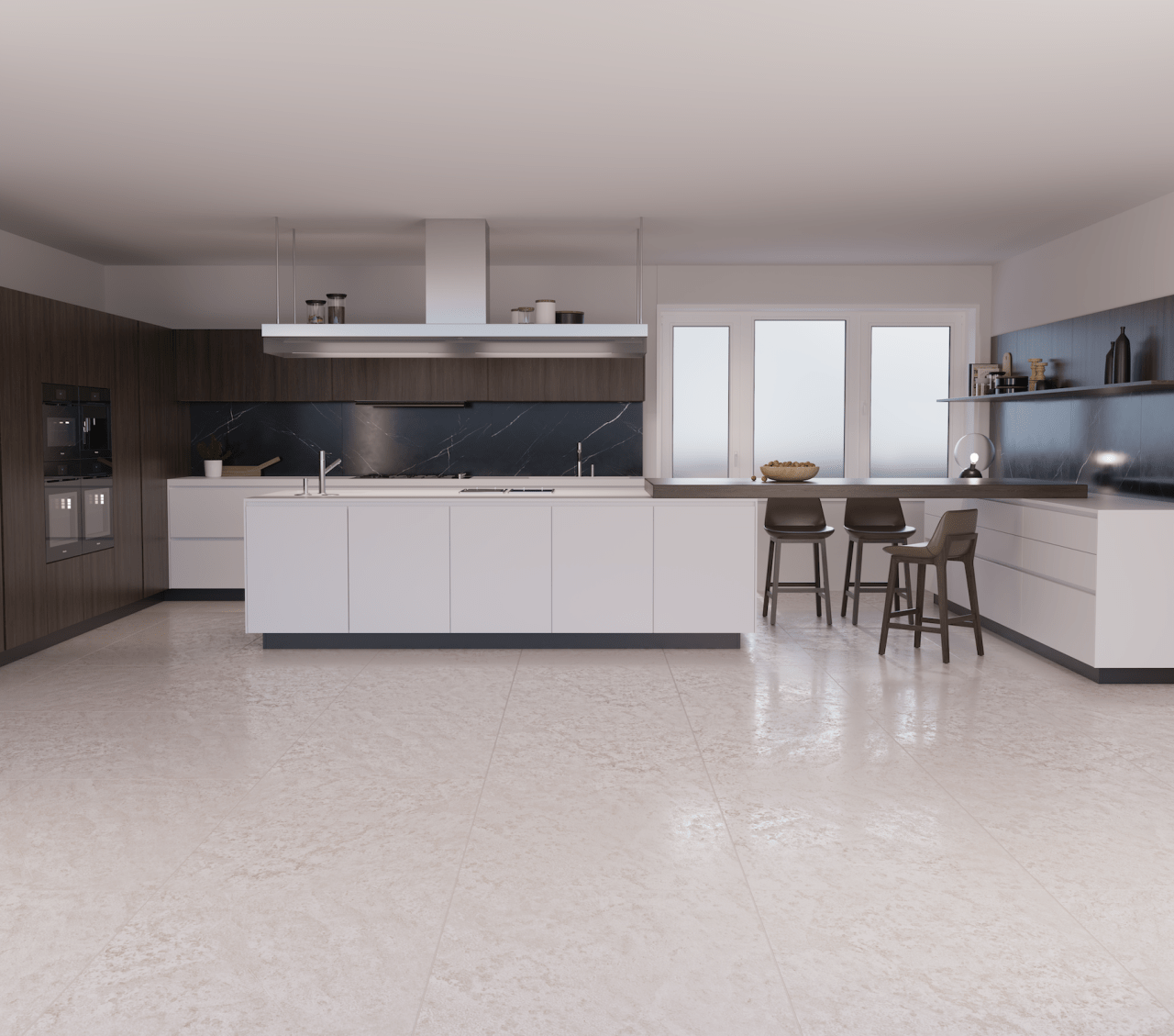 Ceramic tile flooring in a kitchen that has been digitally printed with a subtle pattern.
