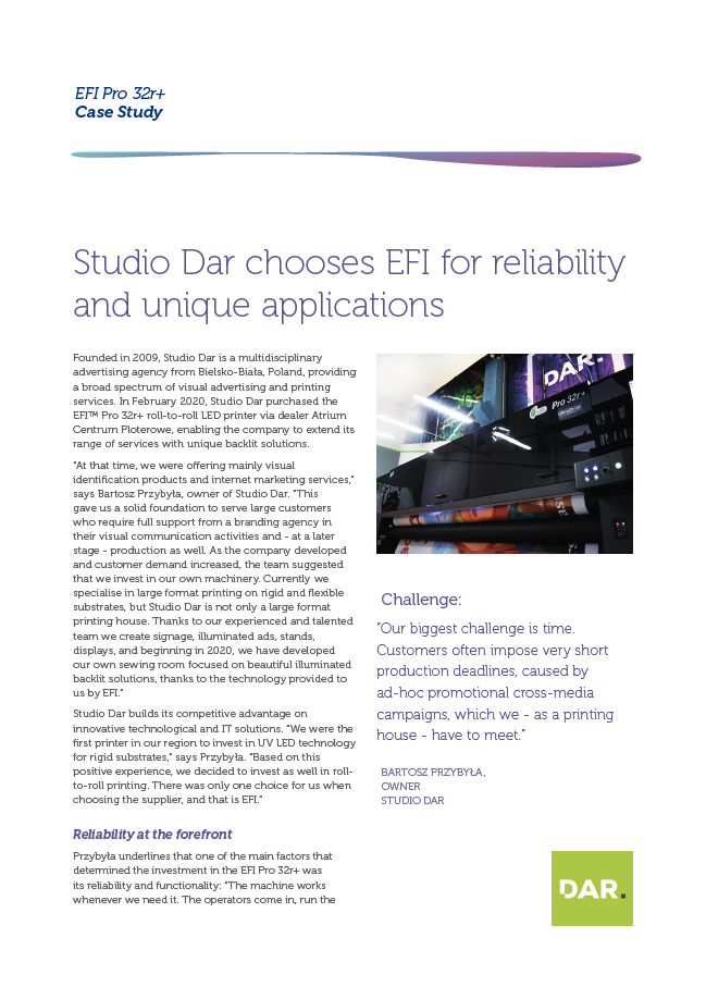 Studio Dar Builds a Timely Competitive Advantage with the EFI Pro 32r+ Printer supporting visual