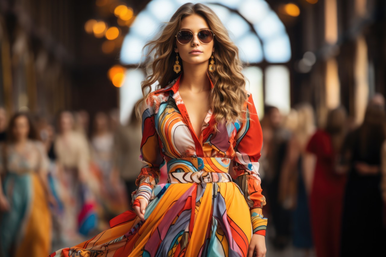 Fashion model wearing a colorful dress