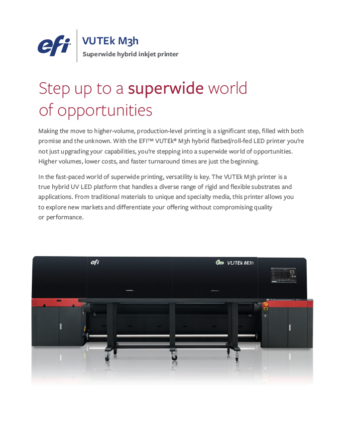 EFI VUTEk M3h Hybrid Flatbed/Roll-fed LED Printer supporting visual