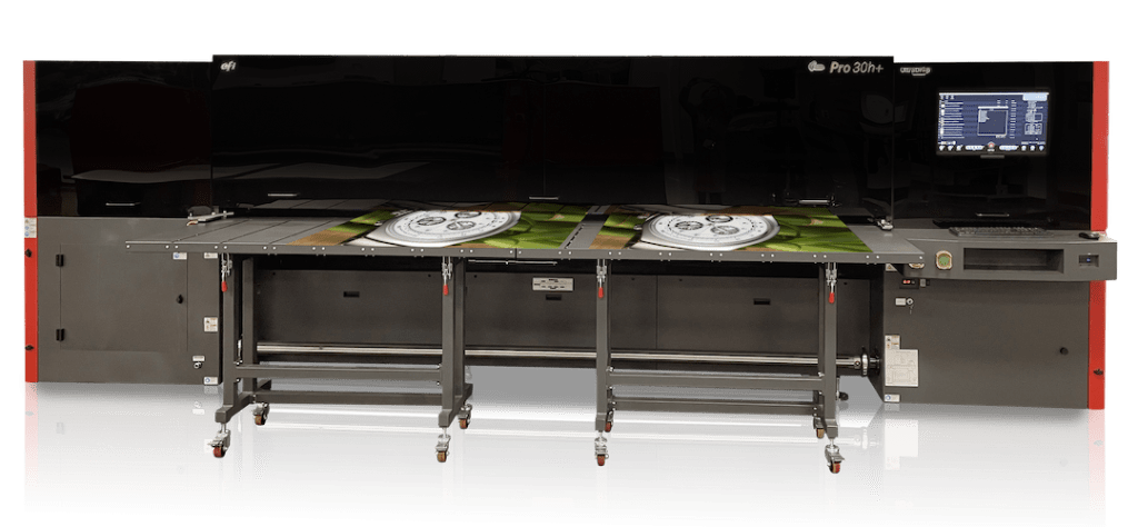 EFI Pro 30h+ hybrid flatbed/roll-fed LED printer.