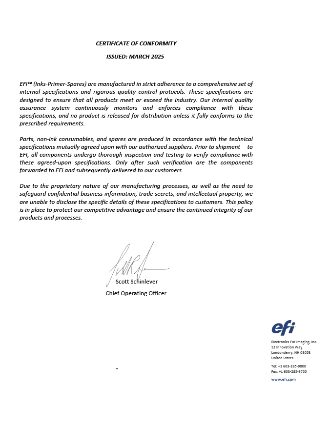 EFI Certificate of Conformity
