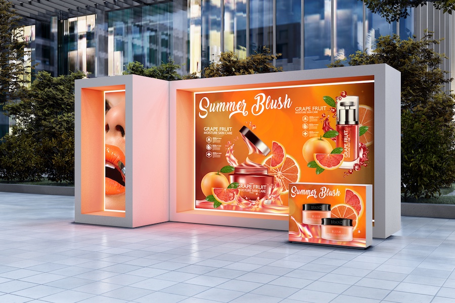 Backlit silicone edge graphics (SEG) display of Summer Blush branded grapefruit cosmetics in a building atrium setting.