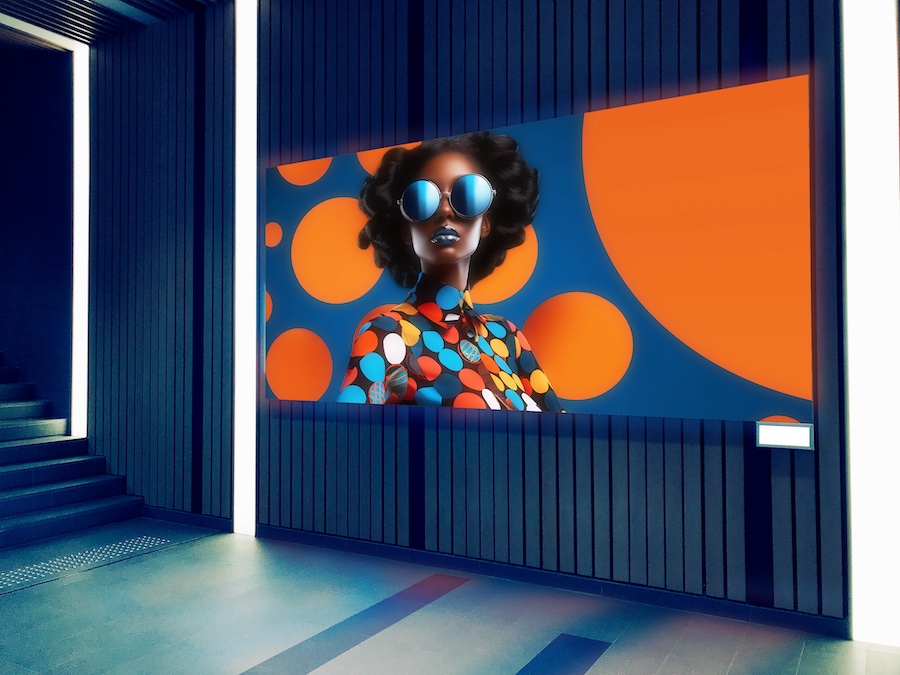 Backlit fabric banner, featuring a model wearing sunglasses and a circle patterned shirt on a blue background with orange circles, on the wall inside a commercial building.