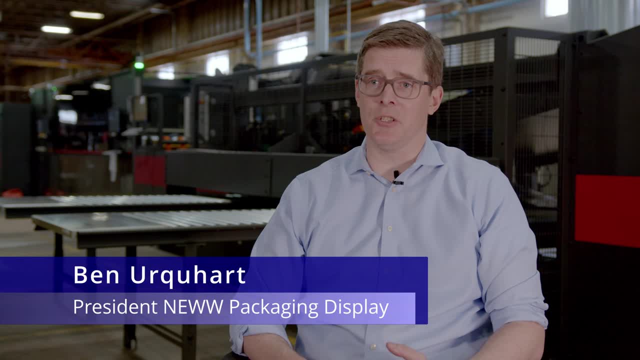 Ben Urquhart, President NEWW Packaging and Display, sits in front of the EFI Nozomi 14000 LED single-pass inkjet printer to discuss its impact on the business.